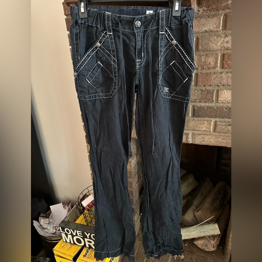 Miss Me Wide Leg Utility Cargo Pants Black Contrast Stitch Y2K Women's